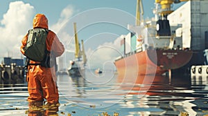 A marine biologist conducts water tests near a busy shipping port monitoring the impact of cargo ships waste disposal on