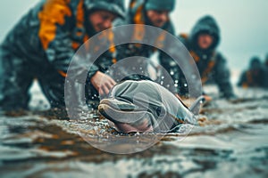 Marine Biologists Helping Beached Dolphin. photo