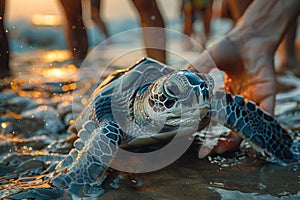 Marine biologists releasing rehabilitated sea turtles back into the ocean, signifying hope for conservation.. AI