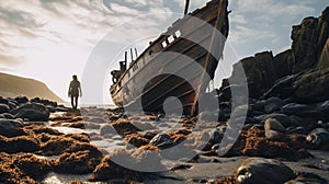 Marine Biology-inspired Post-apocalyptic Beach With Old Wooden Boat photo