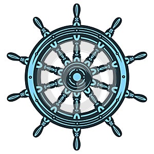 Marine blue wooden steering wheel from a ship, consisting of ten spokes. Color vector illustration. Template or element for design