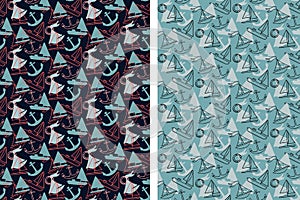 Marine boats seamless patterns, set of 2. Hand drawn doodle cartoon style. Blue grey red tones color. Geometrical grid