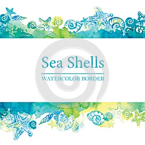 Marine border with watercolor sea shells. Sea life frame. Summer travel background.