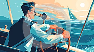Marine captain at the helm of a sailboat. illustration Generative AI