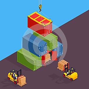 Marine cargo port. Unloading of sea cargo containers by a forklift.