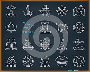 Marine chalk draw line icons vector set