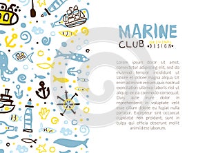 Marine Club Card Template, Poster, Banner, Background with Nautical Seamless Pattern and Text Vector Illustration