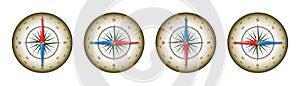 Marine compass, nautical wind rose with cardinal directions of North, East, South, West and degree markings