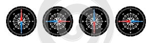 Marine compass, nautical wind rose with cardinal directions of North, East, South, West and degree markings