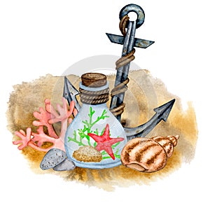 Marine composition. Decorative bottle, anchor, corals, shells on the sand.