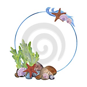 Marine composition, frame, template on a white background. Sea stones, algae, starfish, shells. Watercolor illustration