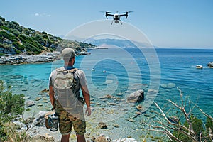 Marine conducting aerial mapping with drone over coastal landscape