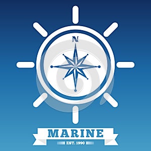 Marine emblem design with ship wheel and rose wind