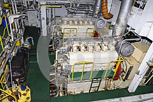 Marine engine. Diesel generator. Engine room interior