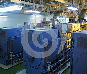 Marine engine. Diesel generator. Engine room interior