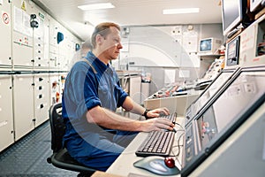 Marine engineer officer controlling vessel engines and propulsion in engine control room