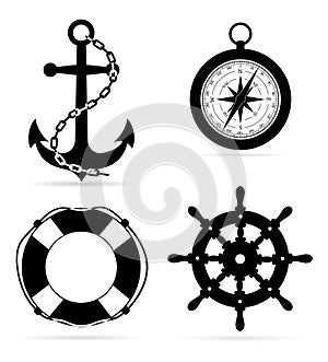 Marine equipment anchor compass lifebuoy steering black outline silhouette stock vector illustration