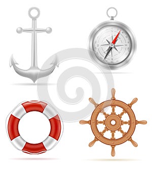 Marine equipment anchor compass lifebuoy stock vector illustration
