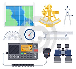 Marine equipment. Vector flat illustrations. Boat, yacht or speedboat equipping.