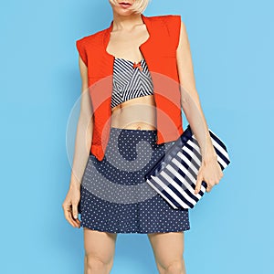 Marine fashion style. Glamorous Lady on blue background.