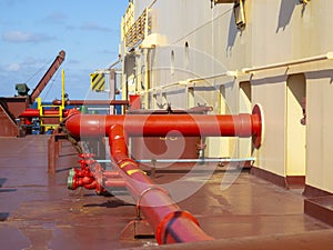 Marine fire extinguishing system with red pipes on a dry cargo ship. Fire safety concept