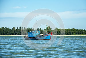 Marine fish farm in Vietnam. Floating houses. Boat