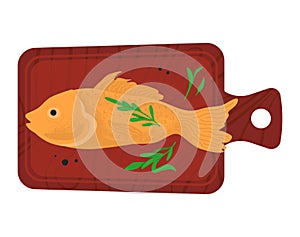 Marine fish lying on kitchen wooden board, ocean foodstuff minnow, cooking sea edible flat vector illustration, isolated