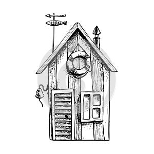 Marine, a fisherman's little house. Isolated object drawn by hand in graphic technique. Vector illustration for