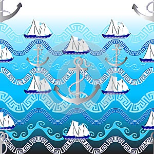 Marine greek vector seamless pattern. Light blue nautical background. Abstract sea waves, anchors with rope, sailboat, greek