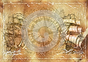 Marine grunge texture background, nautical victorian compass, old sailboat, copy space