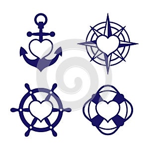 Marine heart icon set of anchor and compass