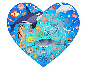 Marine illustration in the form of a heart with marine inhabitants inside. Vector image with fish, marine mammals and mollusks