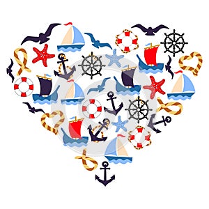 Marine illustration in the shape of a heart, ships, sailboats anchors, lifebuoys and seagulls. Love for sea travel.