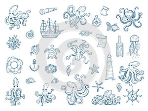 Marine illustrations. Octopus nautical set wild squid shells monster kraken vector hand drawn collection photo