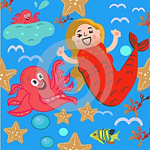 Marine illustrations set. Cute cartoon mermaid, funny octopus, pattern