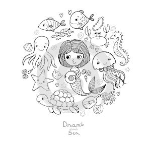 Marine illustrations set. Little cute cartoon mermaid, funny fish, starfish, bottle with a note, algae, various shells