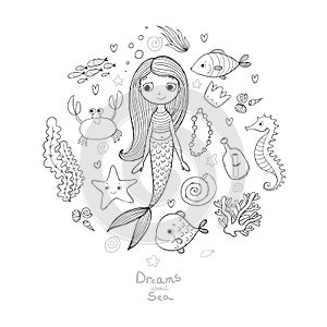 Marine illustrations set. Little cute cartoon mermaid, funny fish, starfish, bottle with a note, algae, various shells