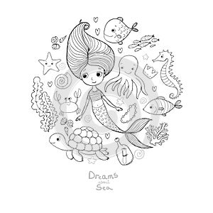 Marine illustrations set. Little cute cartoon mermaid, funny fish, starfish, bottle with a note, algae, various shells