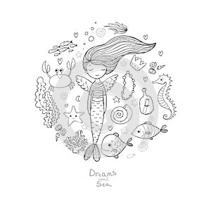 Marine illustrations set. Little cute cartoon mermaid, funny fish, starfish, bottle with a note, algae, various shells