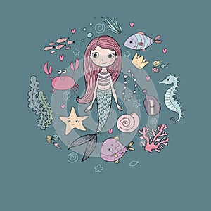 Marine illustrations set. Little cute cartoon mermaid, funny fish, starfish, bottle with a note, algae, various shells