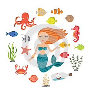 Marine illustrations set. Little cute cartoon mermaid, funny fish, starfish, bottle with a ship, algae, crab, seahorse