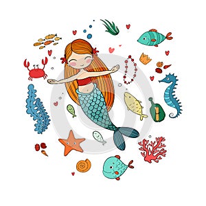 Marine illustrations set. Little cute cartoon mermaid