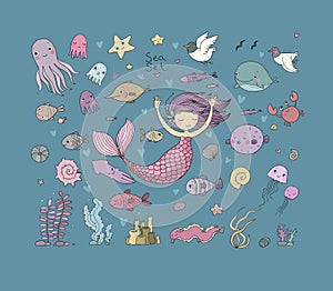 Marine illustrations set. Little cute cartoon mermaid