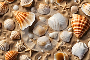 Marine Inspired Composition of Seashells and Starfish on Summer Beach
