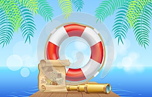Marine inventory on tropical background. Lifebuoy, treasure map and spyglass, nautical design items