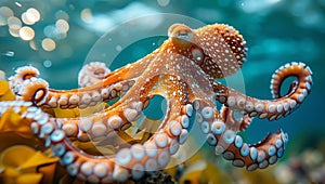 Marine invertebrate, cephalopod swimming near seaweed underwater