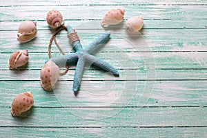 Marine items sea star and shells on turquoise wooden background.