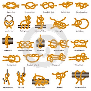 Marine knots and hitches types vector isolated icon