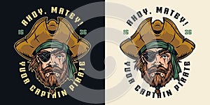 Marine label for t-shirts with colorful pirate face wearing hat and eye patch  isolated vintage vector