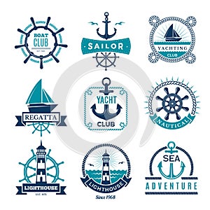 Marine labels. Nautical logo sailing boats rope and marine knot framed vector badges